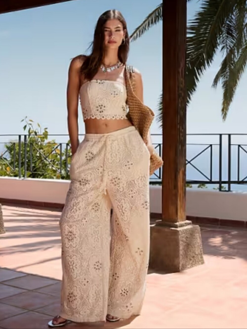Crochet Beaded Wide-Leg Pants
